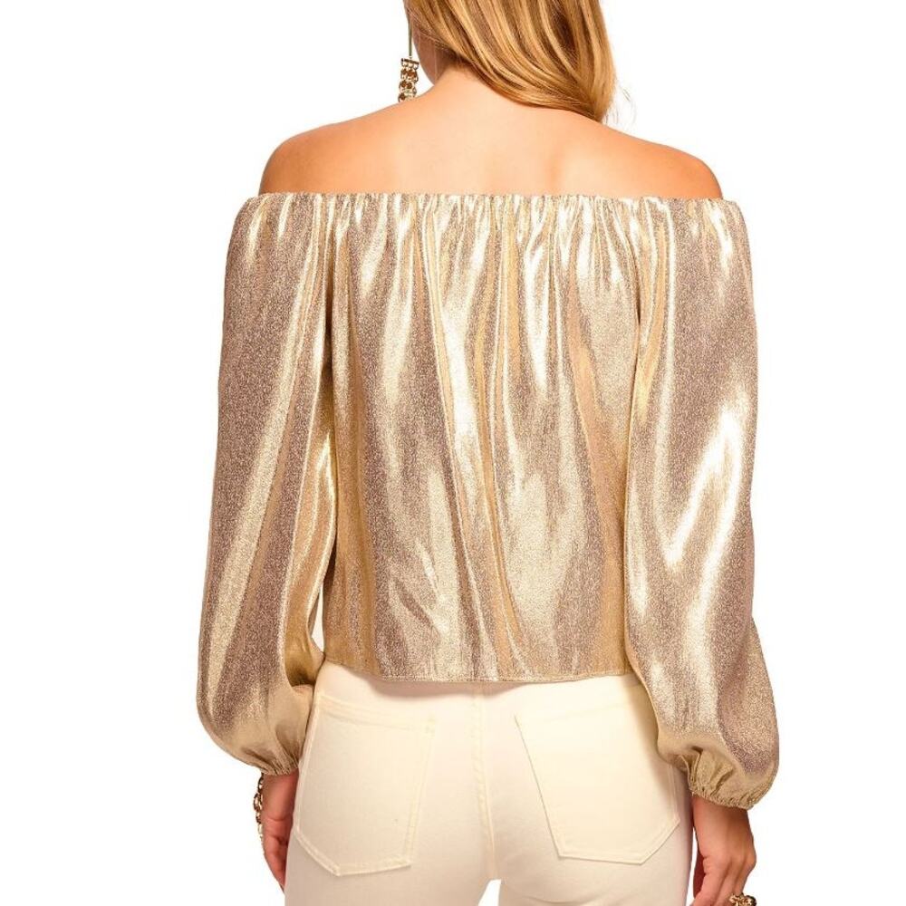 Ramy Brook Shimmering Esther Silk Lamé Off-Shoulder Blouse Gold Metallic XL $395 - Picture 2 of 5